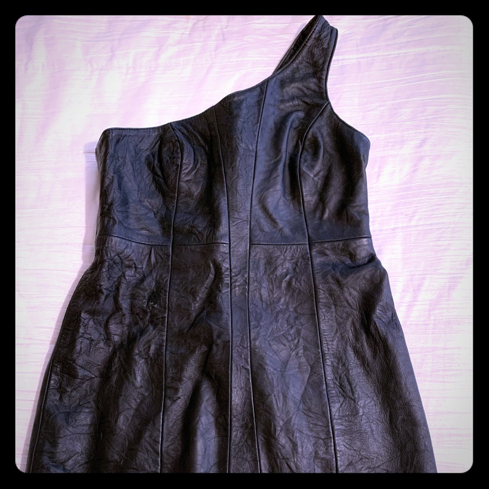 Mini 100% Leather One Shoulder Dress
